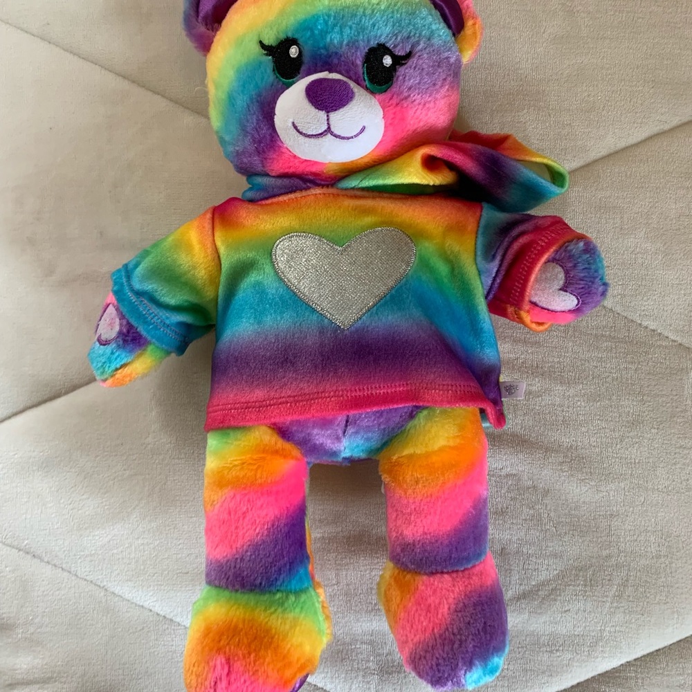 A rainbow build-a-bear with a matching sweatshirt